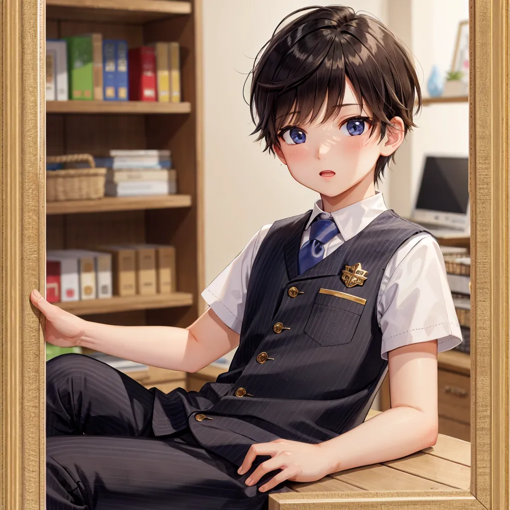 A young boy with short dark hair and blue eyes is sitting on a table in a library. He is wearing a white shirt, a black vest, and dark blue pants. There are bookshelves and a computer on the desk. The boy is looking at the camera with a slightly surprised expression.