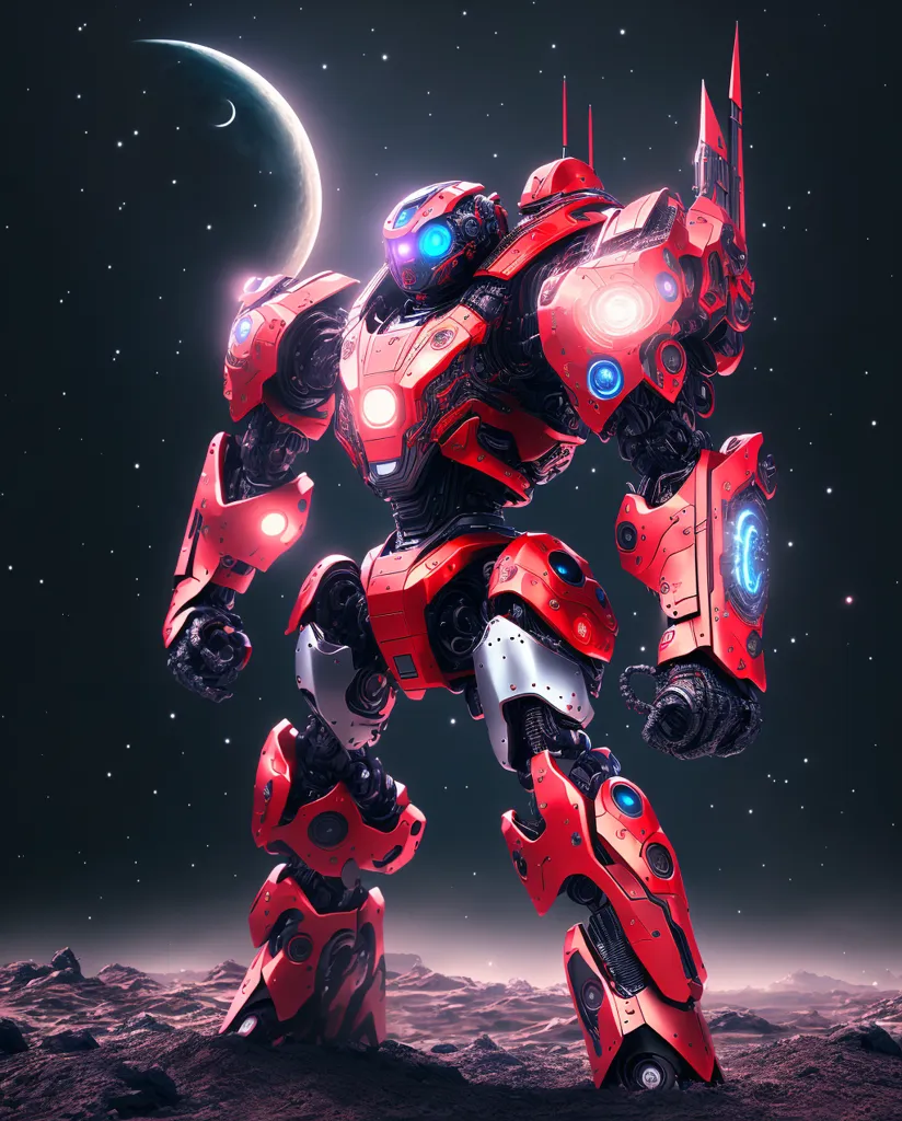 The image shows a red robot standing on a rocky moon or Mars-like landscape. The robot is made of metal and has a humanoid shape. It has a large, round head with a blue visor. The robot's body is covered in armor and has several weapons attached to it. There is a large moon in the background, and stars in the sky.