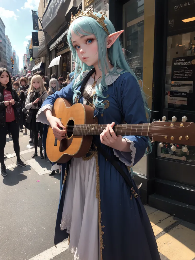 The picture shows a young woman, with long blue hair and pointed ears, playing the guitar on the sidewalk of a busy street. She is wearing a blue and white dress with a white camisole underneath. She also has a golden crown on her head. There are people walking in the background.