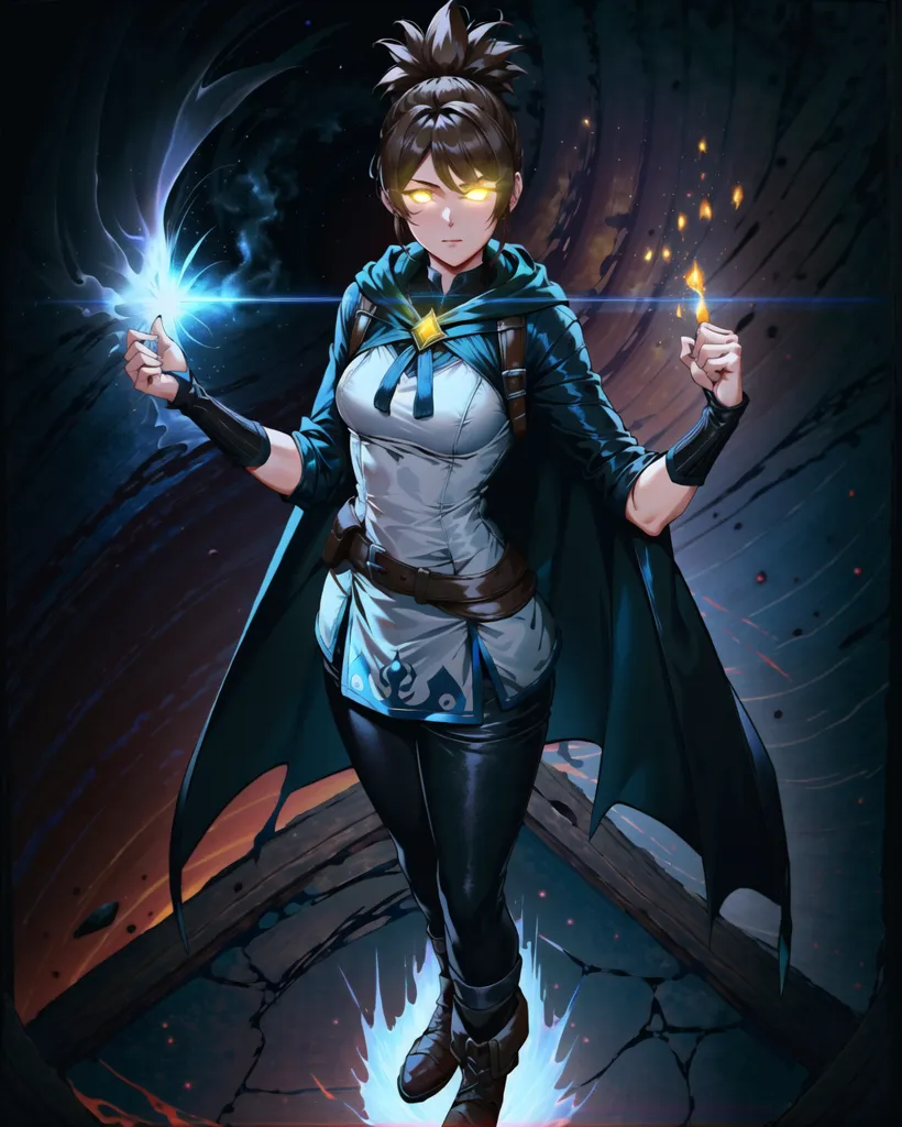 This is an image of a young woman standing in a dark place. She has brown hair and yellow eyes. She is wearing a blue shirt, black pants, and a blue cape. She is holding a blue fireball in her left hand and a yellow fireball in her right hand. She is looking at the viewer with a serious expression.