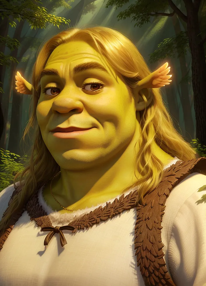 A imagem é um retrato de Shrek, um personagem fictício de ogro da série de filmes animados de mesmo nome. Shrek é retratado com cabelos loiros longos, pele verde e orelhas pontudas. Ele está usando uma camisa branca com um colete marrom e tem um sorriso amigável no rosto. O fundo da imagem é uma cena de floresta desfocada com árvores e luz do sol.