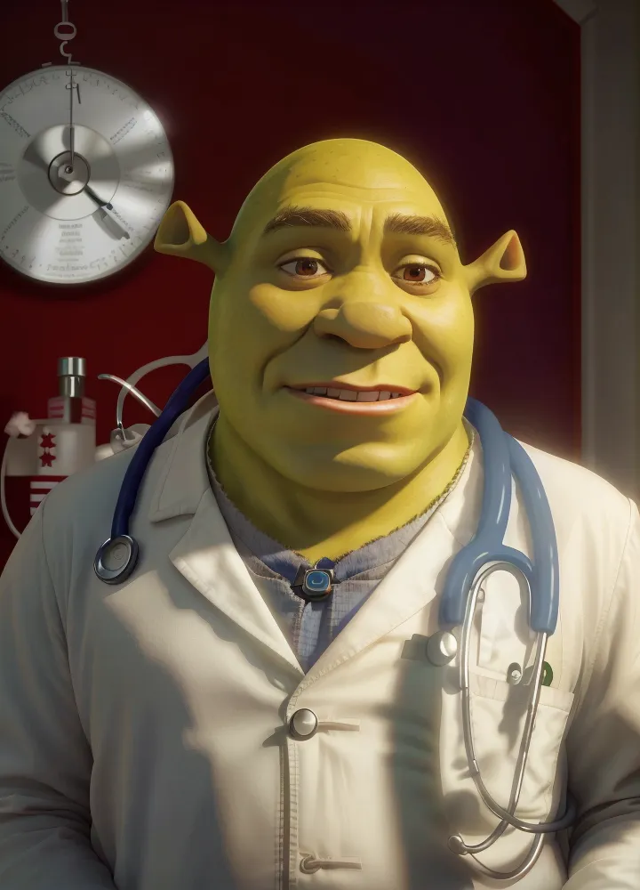 Gambar ini menunjukkan Shrek dari film Shrek. Dia mengenakan jas laboratorium putih dan stetoskop di lehernya. Dia memiliki senyum ramah di wajahnya. Ada jam dinding di belakangnya.