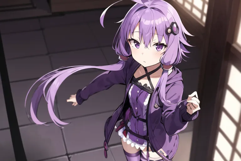 This is an anime-style illustration of a girl with purple hair and purple eyes. She is wearing a purple jacket and a white shirt. The girl is standing in a room with a traditional Japanese-style interior. There are wooden floors and walls, and the room is lit by a single light source. The girl is looking at the viewer with a slightly surprised expression on her face.