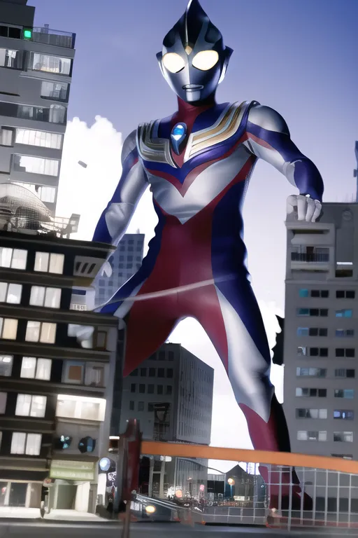 The image shows a giant Ultraman standing in the middle of a city. The Ultraman is wearing a silver and red suit with blue stripes on his arms and legs. He has a blue crystal on his chest and a silver mask with blue eyes. The Ultraman is looking down at the city with a serious expression. There are several buildings in the background of the image, and a road with cars on it in the foreground. The sky is cloudy and there is a hint of sunlight peeking through the clouds.