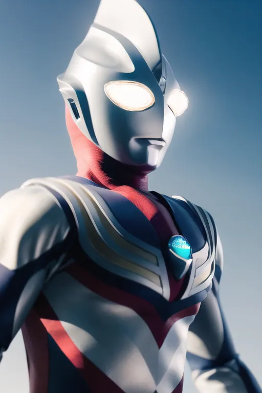 A imagem mostra um close-up de Ultraman Tiga, um super-herói japonês. Ele está usando um traje prateado e vermelho com detalhes azuis e brancos. Seus olhos estão brilhando em branco e ele está olhando para o espectador com uma expressão determinada. O fundo é um gradiente azul claro.