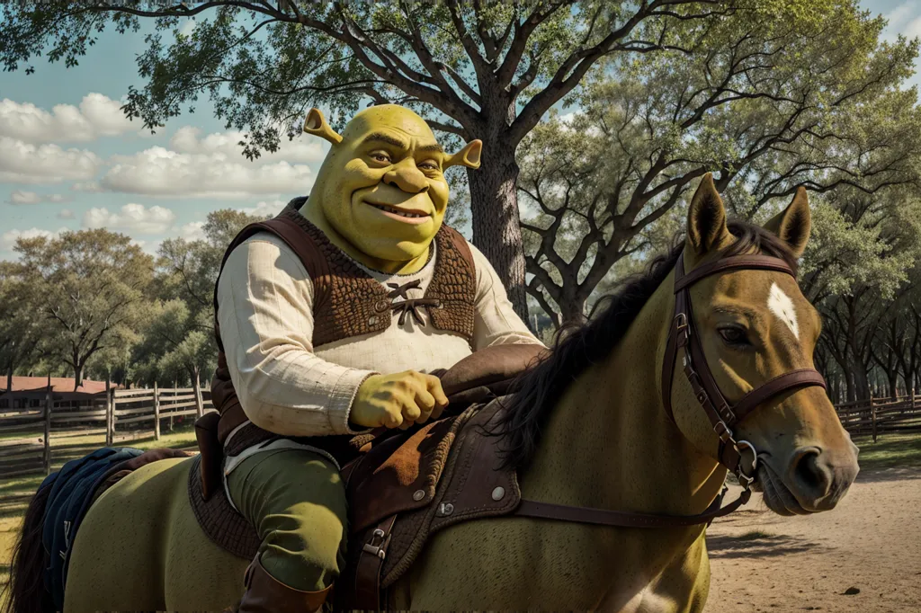Shrek is riding a brown horse. He is wearing a white shirt, brown vest, and brown boots. He has a happy expression on his face. The background is a ranch with trees and a blue sky.