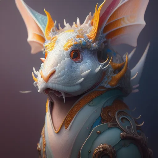 The image contains a computer-generated 3D rendering of a fantasy creature. It has the body of a rabbit, with white fur and golden and blueish-green scales on its back and head. It also has large, colorful wings that are a mix of blue, green, orange, and yellow. The creature is wearing a suit of armor that covers its chest and shoulders. It has large, pointed ears and a long, scaly tail. Its eyes are a deep blue color. The background of the image is a dark blue color.