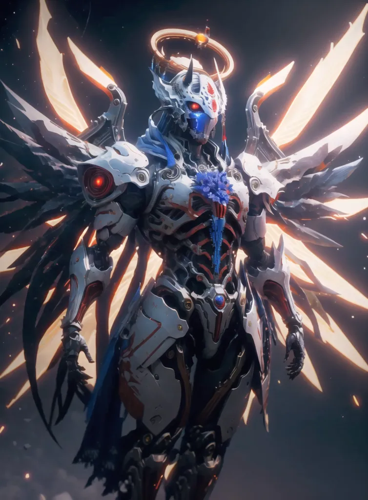 The image shows a white and blue armored humanoid with glowing yellow eyes and a halo above its head. It has large, white wings made of light and several mechanical arms. The background is dark with a spotlight shining down on the figure.