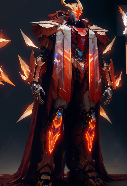 The image shows a robot wearing red and gold armor with a fire-like mane and a long red cape. The robot's eyes are glowing white and it has a determined expression on its face. It is standing in a powerful pose, ready to attack.