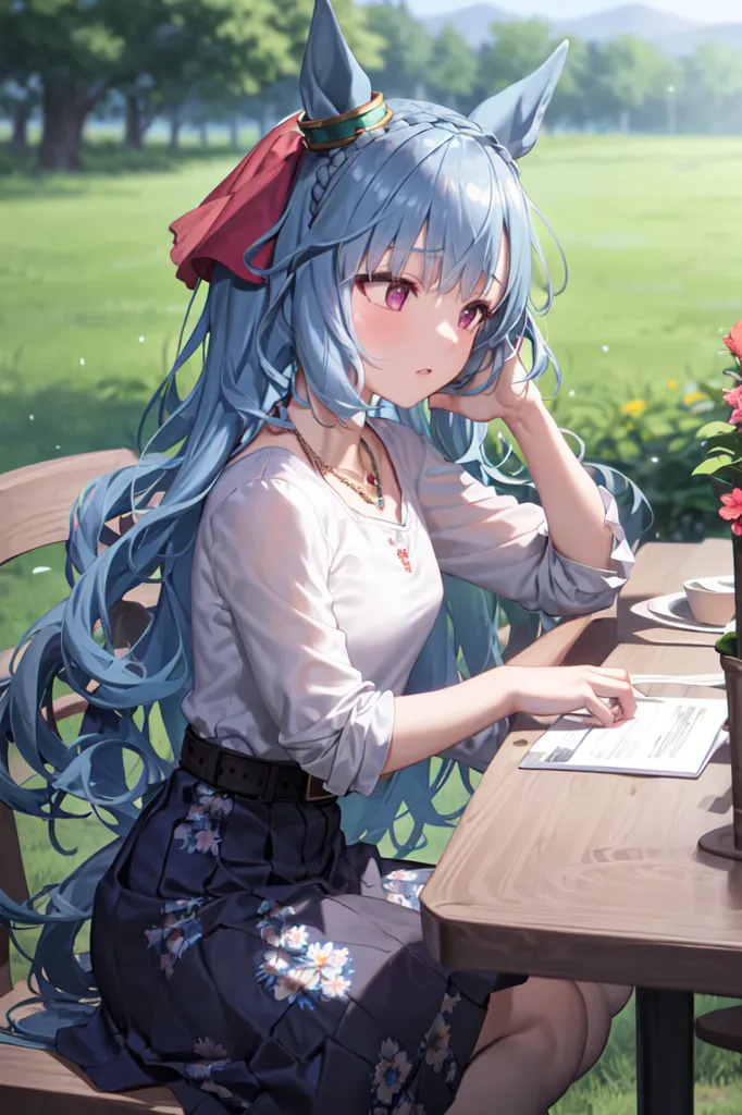 The image shows a young woman with long blue hair and cat ears. She is sitting at a table in a garden. The woman is wearing a white blouse, a blue skirt, and a red bow in her hair. She is looking at a document on the table. There are flowers in the background.