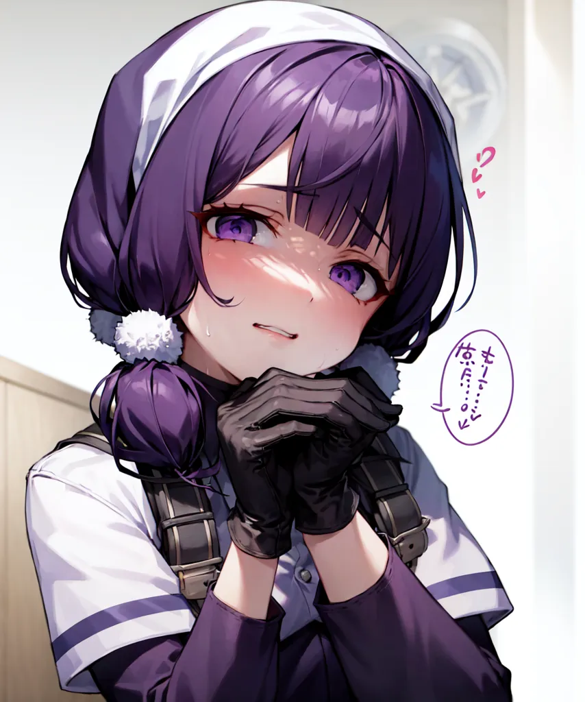 The image is of an anime girl with purple hair and purple eyes. She is wearing a white and purple baseball cap, a white and purple jersey, and black gloves. She has a nervous expression on her face and is looking at the viewer with a slight blush on her cheeks. There is a speech bubble with text in Japanese that roughly translates to \