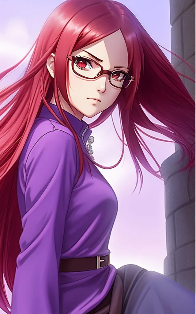 This is an image of a young woman with long red hair and red eyes. She is wearing a purple outfit with a high collar and a brown belt. She is also wearing glasses. She is standing on a rooftop, looking down at the city below. The background is a bright blue sky with white clouds.