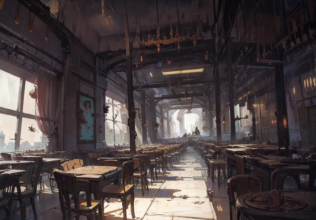 The image is a long, narrow room with a high ceiling. It is furnished with wooden tables and chairs, and there are windows along one side of the room. The room is in disrepair, with the walls and ceiling cracked and peeling. There is a large hole in the roof, and the sunlight is streaming in. There are two figures in the distance.