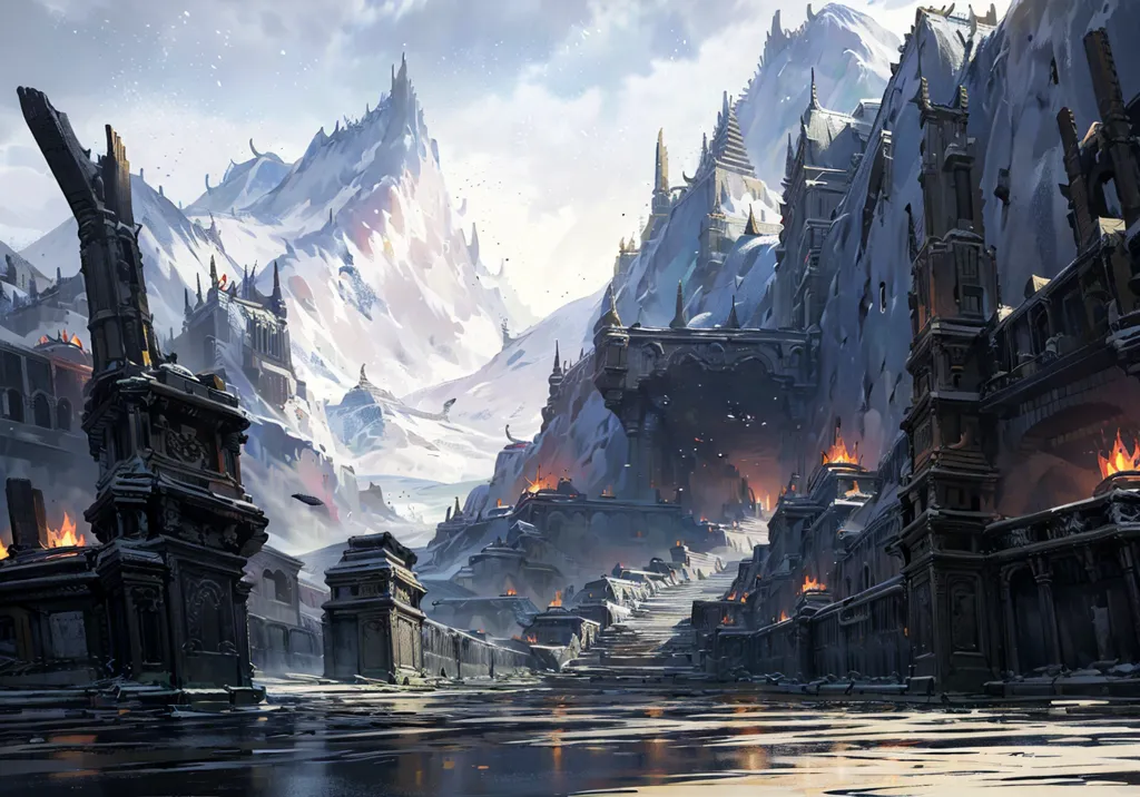 The image is of a ruined city in a snowy mountain range. The city is built on a series of terraces, with the highest level being the most heavily fortified. The buildings are made of a dark grey stone, and they are covered in snow. There are no people visible in the image, and the only sign of life is the smoke rising from the fires burning in the city.