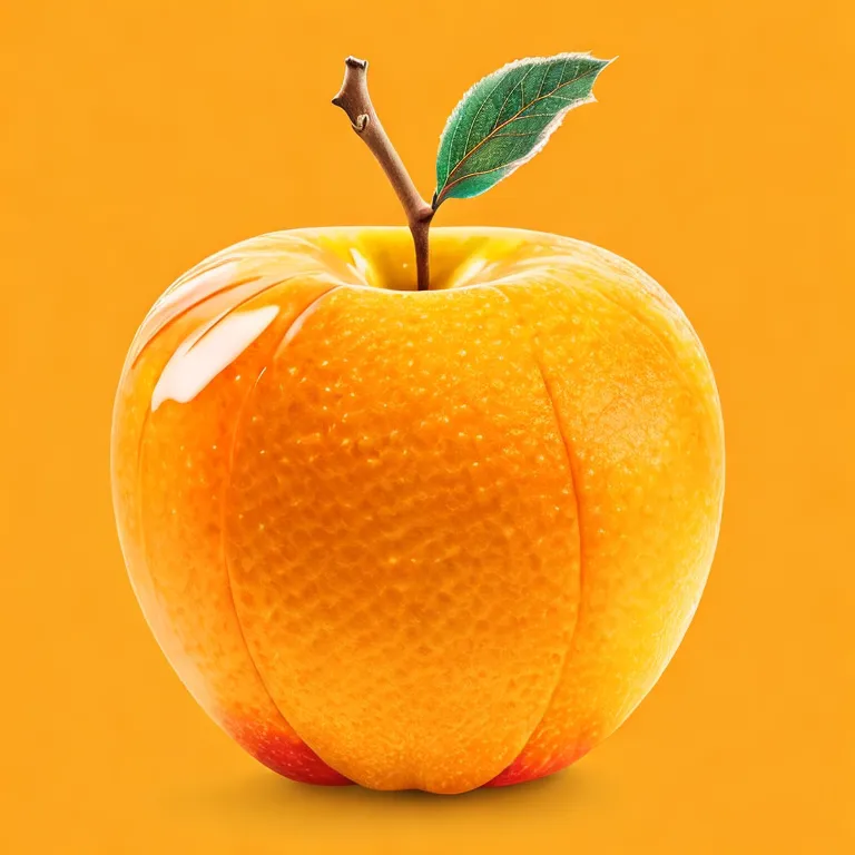 The image is a 3D rendering of an apple made of orange. The apple is sitting on a yellow background. The apple is slightly glossy and has a green leaf at the top.