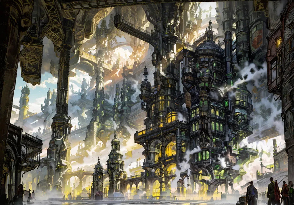 A imagem é uma cidade steampunk. É uma cidade alimentada a vapor e possui muitos elementos steampunk. A cidade é construída em uma série de plataformas conectadas por pontes e passarelas. Os edifícios são feitos de metal e vidro e são decorados com detalhes intrincados. A cidade está cheia de pessoas e há uma variedade de aeronaves voando ao redor.