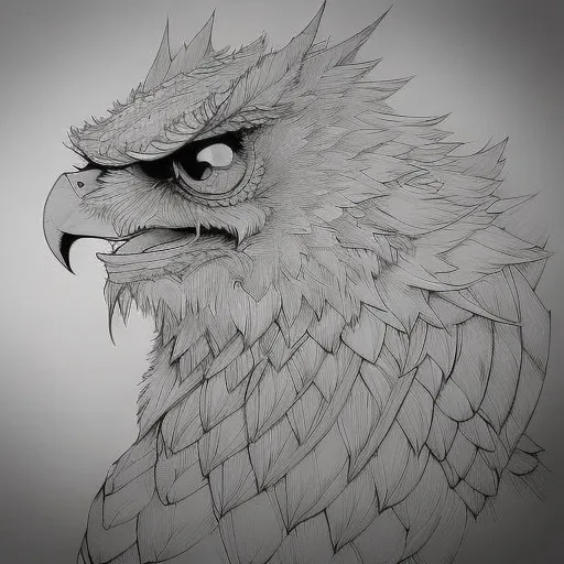 La imagen es un dibujo a lápiz en blanco y negro de la cabeza de un águila. El águila mira hacia la izquierda del encuadre. Sus ojos están entrecerrados y su pico está ligeramente abierto. Las plumas de su cabeza y cuello están erizadas. La imagen está dibujada con gran detalle, y el artista ha utilizado una variedad de técnicas para crear una sensación de textura y profundidad. El efecto general es de fuerza y poder.