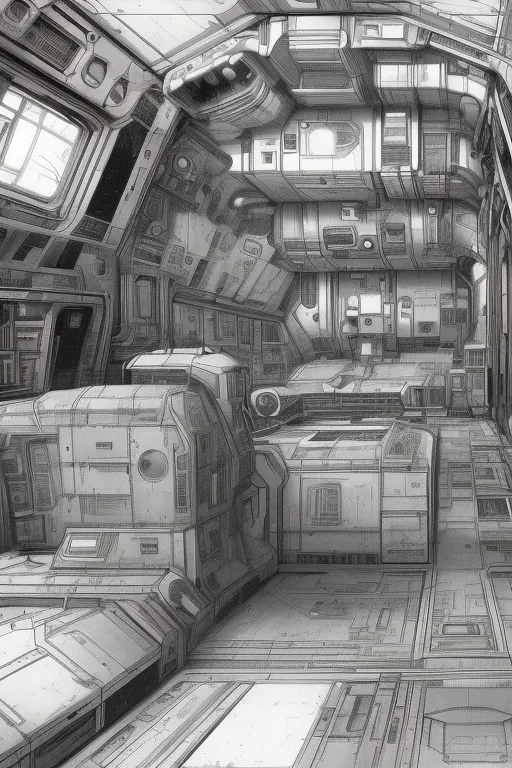 The image is a black-and-white sketch of the interior of a spaceship. The walls are lined with various panels and equipment, and there is a large window at the front of the ship. There are two chairs in the center of the room, and a control panel on the right side. The floor is covered in a metal grating.