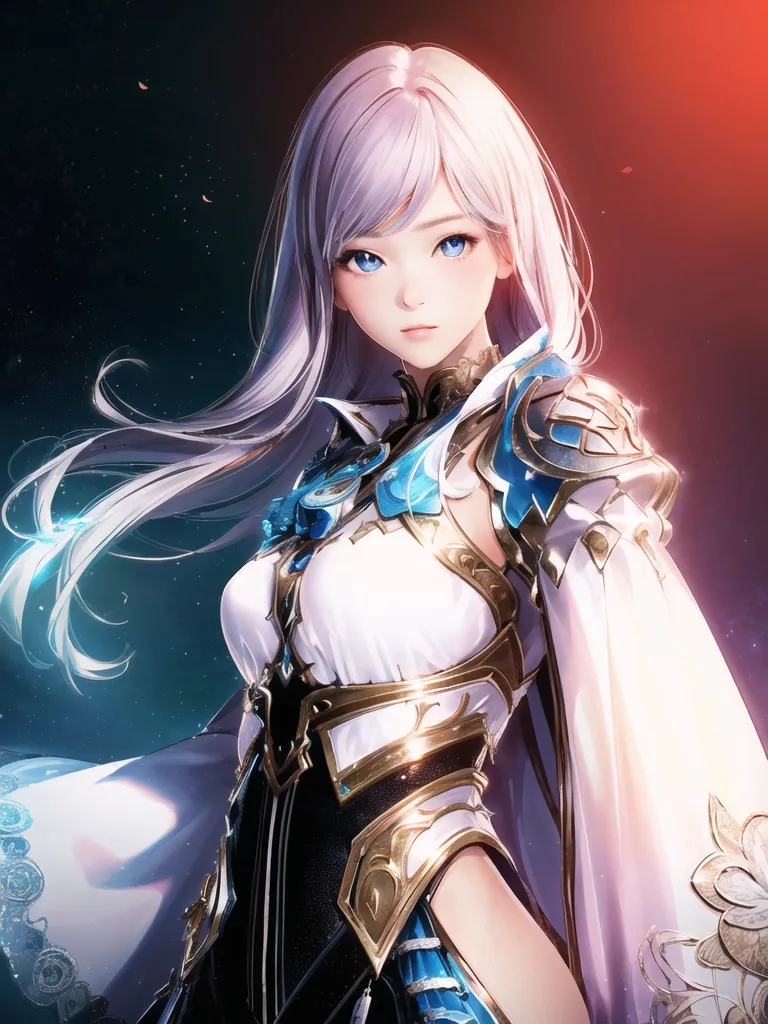 The image is of a beautiful anime girl with long white hair and blue eyes. She is wearing a white and blue dress with gold trim. She is also wearing a silver breastplate and shoulder pads. She has a serious expression on her face and is looking at the viewer. The background is dark with a red light shining on her.