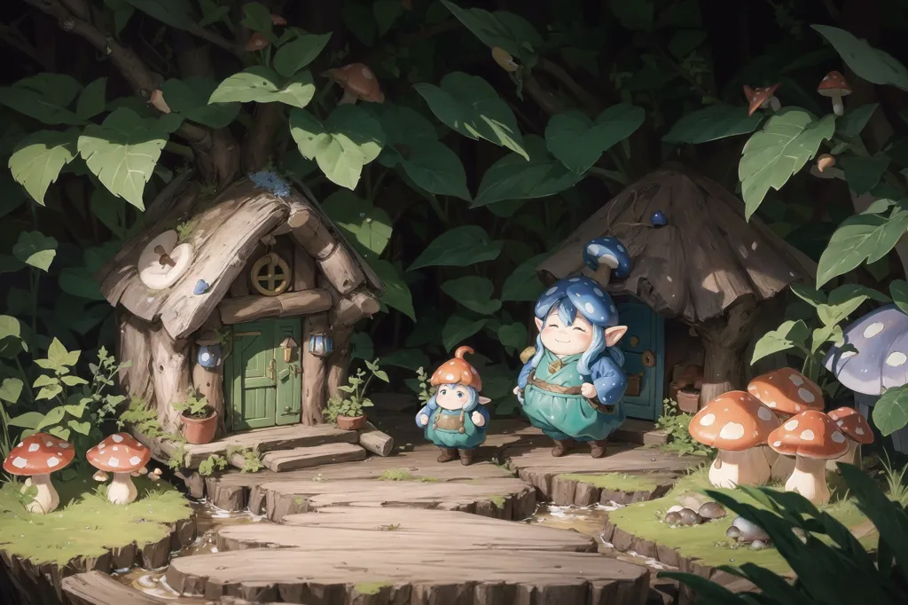 This is a whimsical illustration of two gnomes standing outside their home. The home is a small, wooden structure with a green door and a round window. It is surrounded by lush vegetation, including large green leaves and red mushrooms. The gnomes are both wearing blue and white outfits and have pointy hats. They are smiling and appear to be happy and friendly. The illustration is done in a soft, painterly style and has a warm and inviting atmosphere.