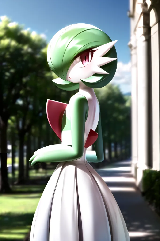 The image shows a character from the Pokemon franchise. It is a green and white creature with a long, flowing mane of green hair. It is wearing a white dress with a red sash. The creature is standing in a grassy field, with trees and a building in the background.