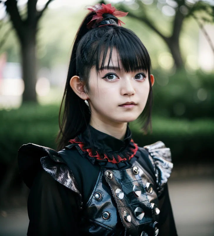 This image shows a young Japanese woman with long black hair and bangs. She is wearing a black leather outfit with a red and white collar and a black and red hair tie. She has a serious expression on her face. She is standing in a park with trees and bushes in the background.