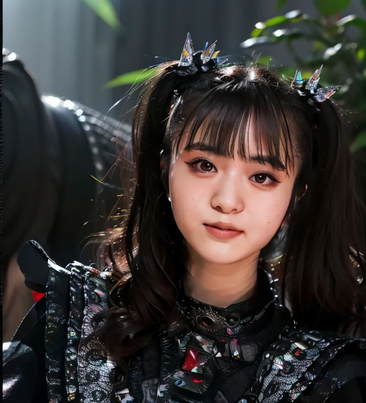 This image shows a young Japanese woman with long black hair and bangs. She is wearing a black and silver dress with a high collar and a black and silver headdress. Her makeup is dark and dramatic, with heavy eyeliner and eyeshadow. She is looking at the camera with a serious expression.