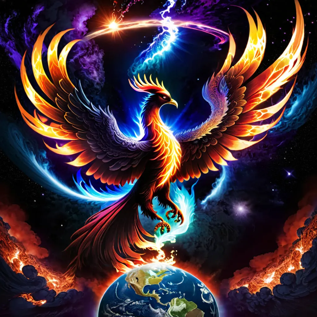 The image shows a phoenix rising from the ashes. The phoenix is a symbol of hope, renewal, and life after death. It is often associated with fire and the sun. The phoenix is depicted as a large, majestic bird with brightly colored feathers. It is surrounded by flames and has a radiant glow. The background is a dark, starry night sky. The image is both beautiful and powerful, and it evokes a sense of hope and optimism.