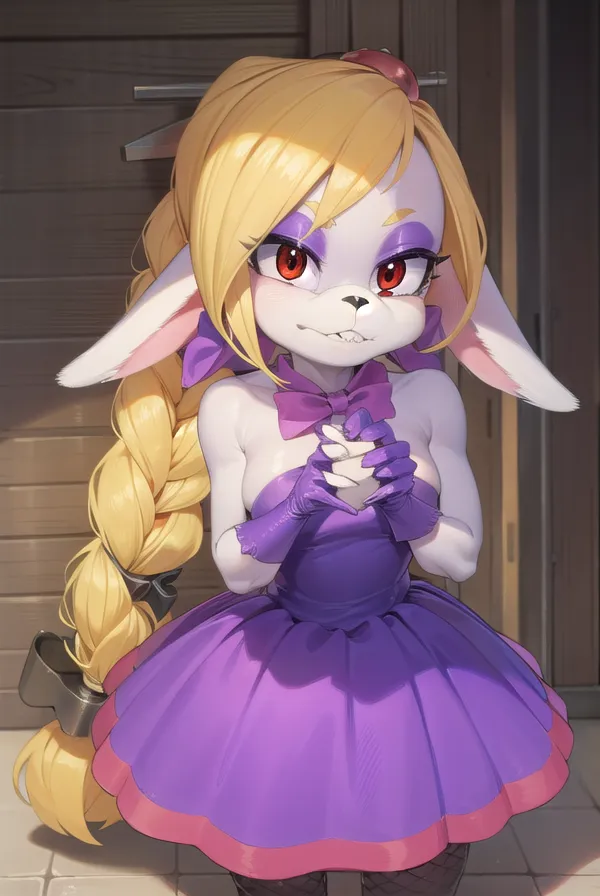 The image is of a cute anime girl with long blonde hair and purple eyes. She is wearing a purple dress with a white collar and black gloves. She has a shy smile on her face and is standing with her hands clasped in front of her. She has rabbit ears and a tail.