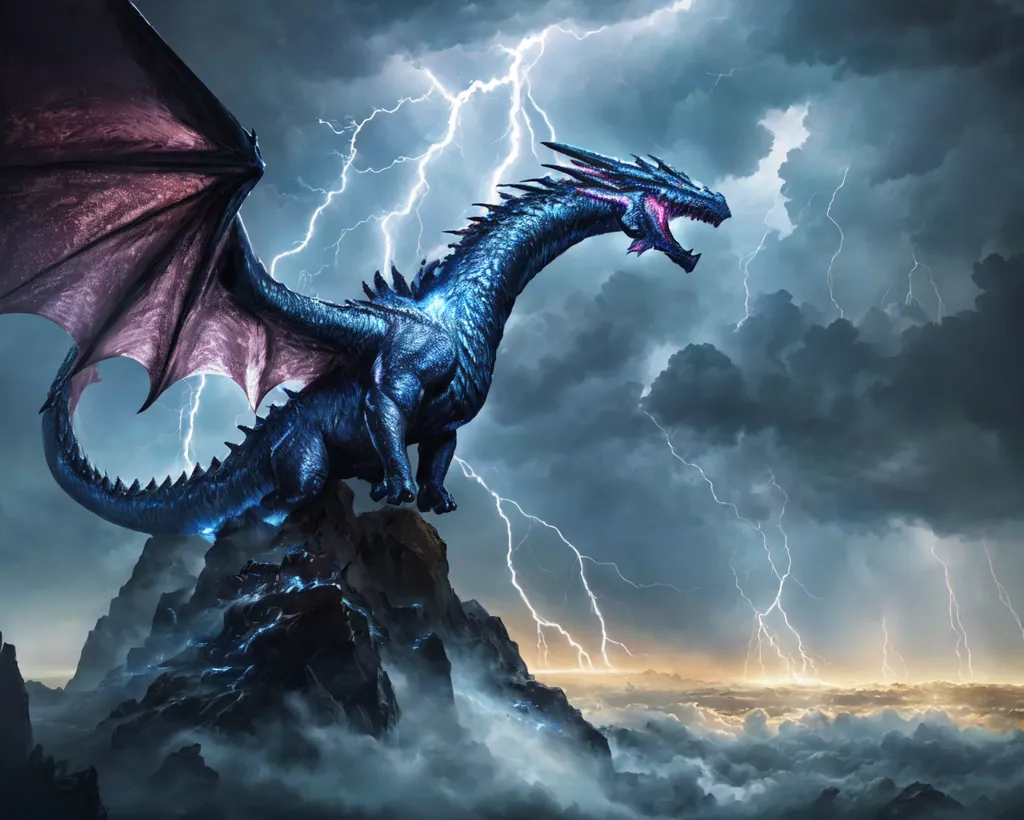 A blue dragon with purple wings is perched on a rocky mountaintop. The dragon's mouth is open and it is breathing out a stream of fire. There is a dark storm in the background with lightning and clouds.