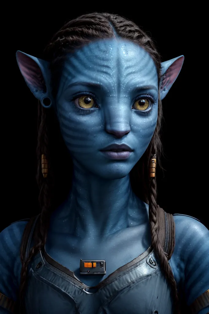 This image shows a computer-generated portrait of a female Na'vi from the movie Avatar. She has blue skin, large yellow eyes, and pointed ears. She is wearing a dark blue tank top and has her hair braided.