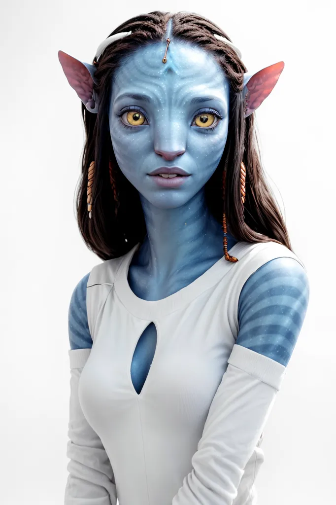 This image shows a female Na'vi from the movie Avatar. She has blue skin, yellow eyes, and pointed ears. She is wearing a white shirt with a blue sash and has her hair in a braid. She is looking at the viewer with a neutral expression.