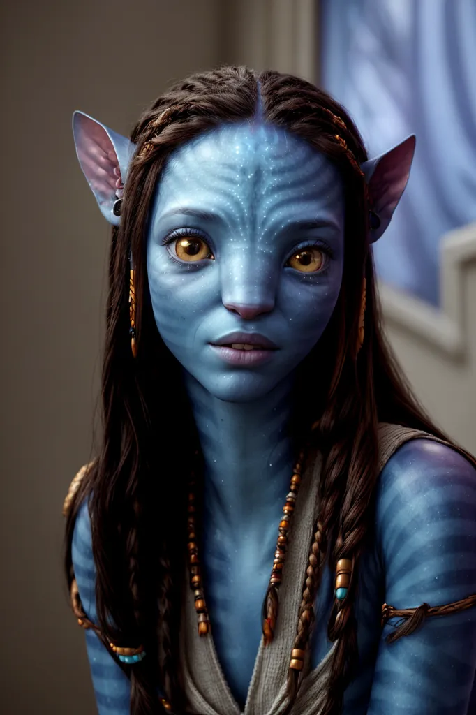 This image shows a Na'vi female from the movie Avatar. She has blue skin, yellow eyes, and long brown hair. She is wearing a white shirt with a blue necklace and has her hair braided. She is looking at the camera with a serious expression.