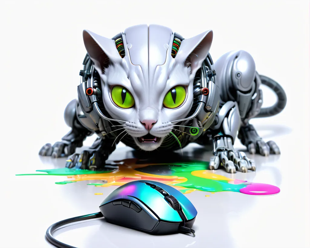 The image shows a robotic cat with green eyes and a black nose. It is crouched down, with one paw on a multicolored puddle of liquid, and is looking at a black and gray computer mouse. The cat is white and gray, with silver robotic parts. It has a cord coming out of its neck. The background is white.