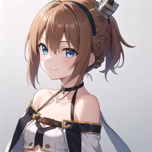 This is an image of an anime girl with brown hair and blue eyes. She is wearing a white and brown outfit. She has a friendly smile on her face.