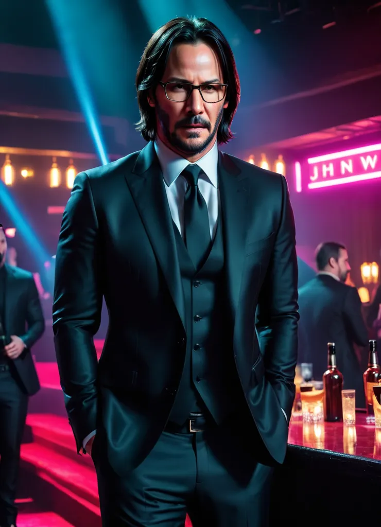 The image shows Keanu Reeves, a Canadian actor, in a scene from the movie John Wick. He is wearing a black suit and tie, and has a gun in his hand. He is standing in a dark room, with a red light shining on him. There are other people in the room, but they are all out of focus.