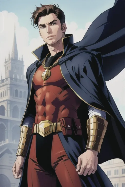 This is a picture of a superhero. He is wearing a red and gold suit with a blue cape. He has a muscular build and a confident expression on his face. He is standing in a city, with a building in the background.