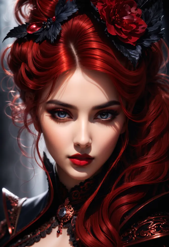 This image shows a woman with long, red hair. She is wearing a black dress with red and gold trim. She has a red rose in her hair and is wearing a necklace with a red gem in the center. Her eyes are blue and her lips are red. She is looking at the viewer with a serious expression.