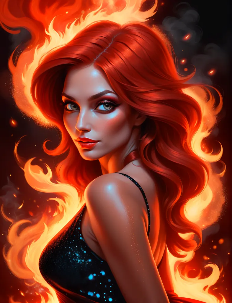 This is a picture of a woman with long red hair. She is wearing a black dress with a low neckline. She is looking over her shoulder at the viewer with a serious expression. Her hair is blowing in the wind and there are flames painted around her.