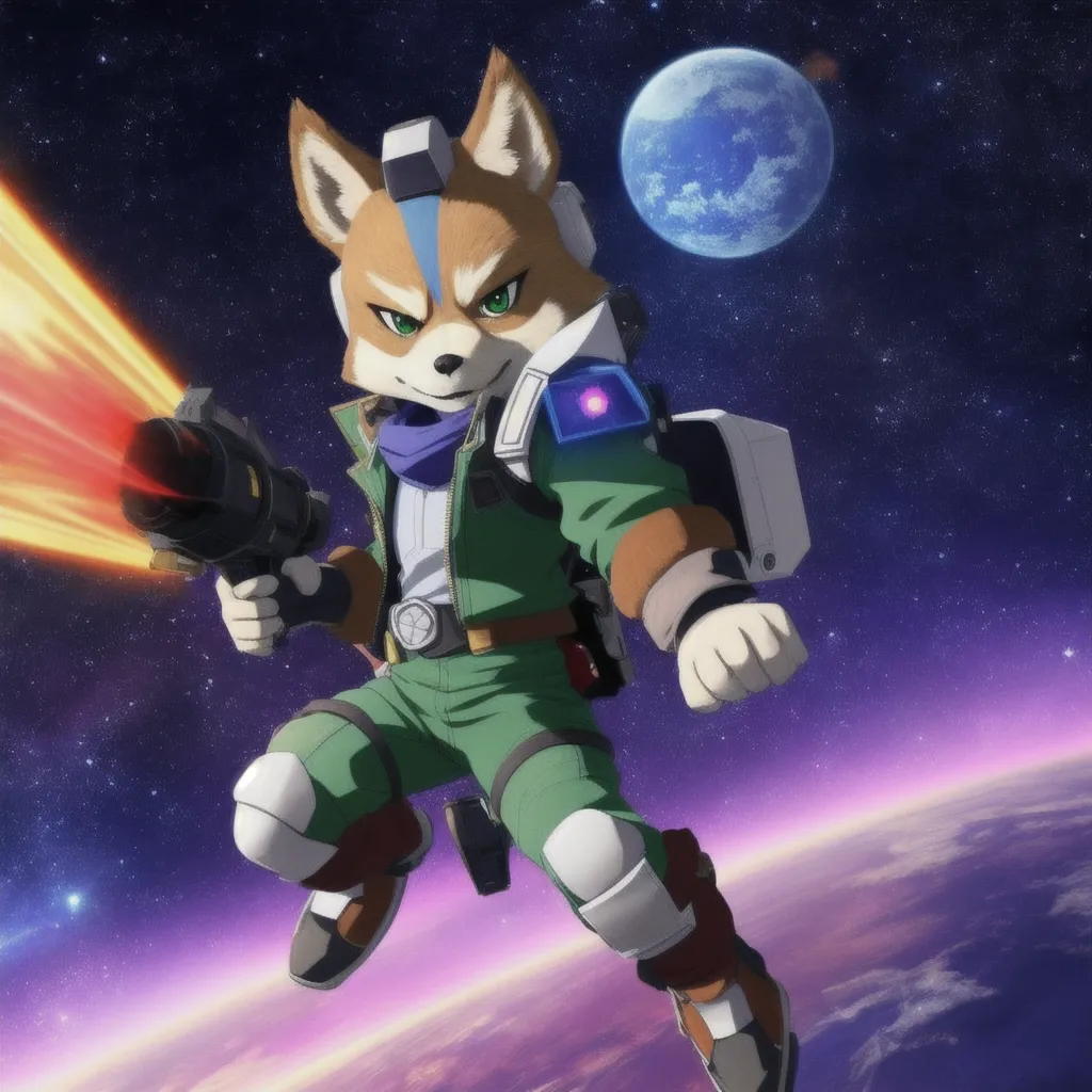 The image shows Fox McCloud, a character from the Star Fox video game series. He is a fox wearing a green flight suit and a blue scarf. He is standing in space with his blaster gun pointed forward. There is a planet in the background.