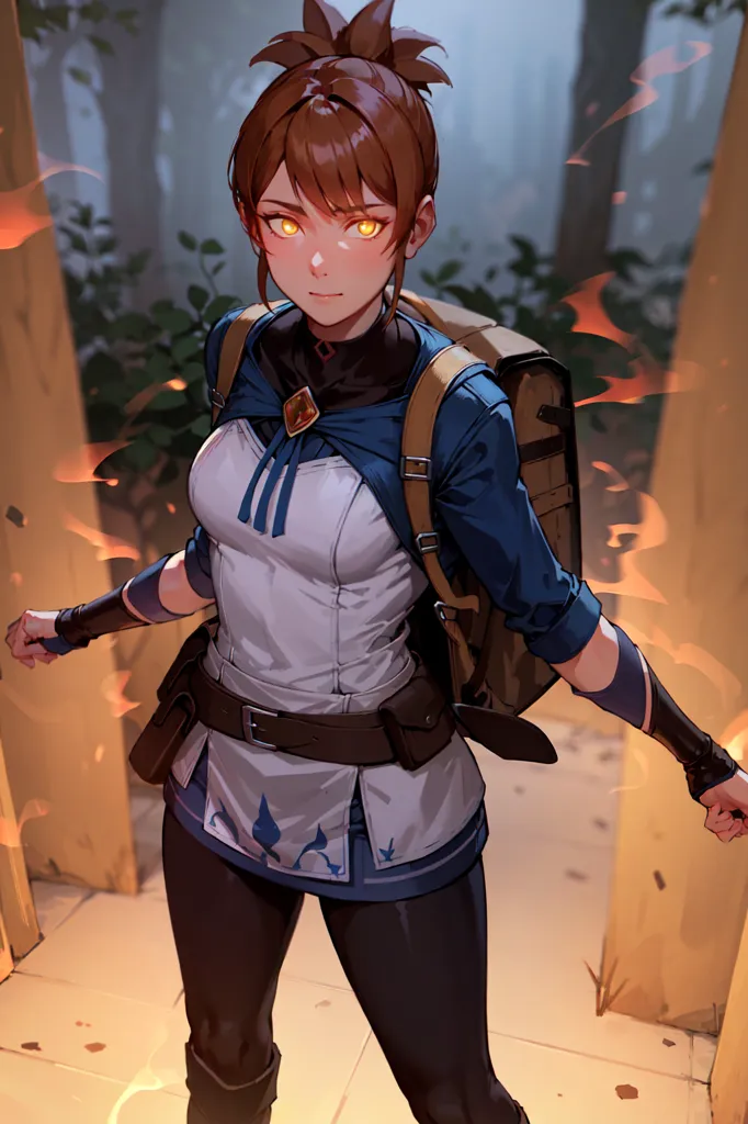 This image shows a young woman with brown hair and yellow eyes. She wears a blue and white outfit with a brown belt and backpack. She also has brown boots and fingerless gloves. She is standing in a forest with a determined expression on her face. There are flames coming from the background.