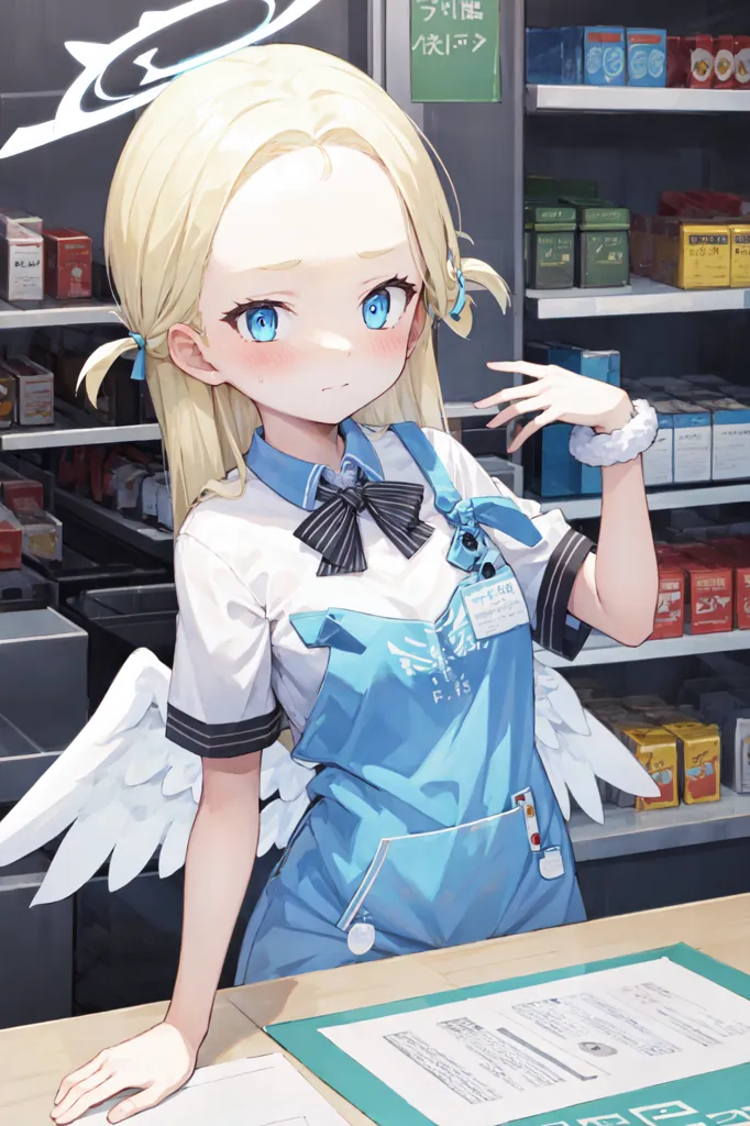 The image depicts a young girl with long blonde hair and blue eyes. She is wearing a white and blue uniform with a white apron. She has a halo above her head and angel wings protruding from her back. She is standing in a convenience store, leaning on the counter with one hand while the other is by her side. There are shelves stocked with various items behind her.