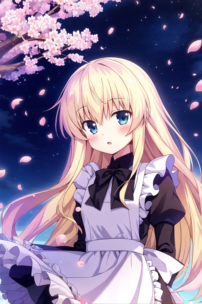 The image is of a young girl with long blonde hair and blue eyes. She is wearing a maid outfit with a black bow. The background is a dark blue night sky with a few stars. There are also some cherry blossoms in the background. The girl is looking at the viewer with a surprised expression on her face.