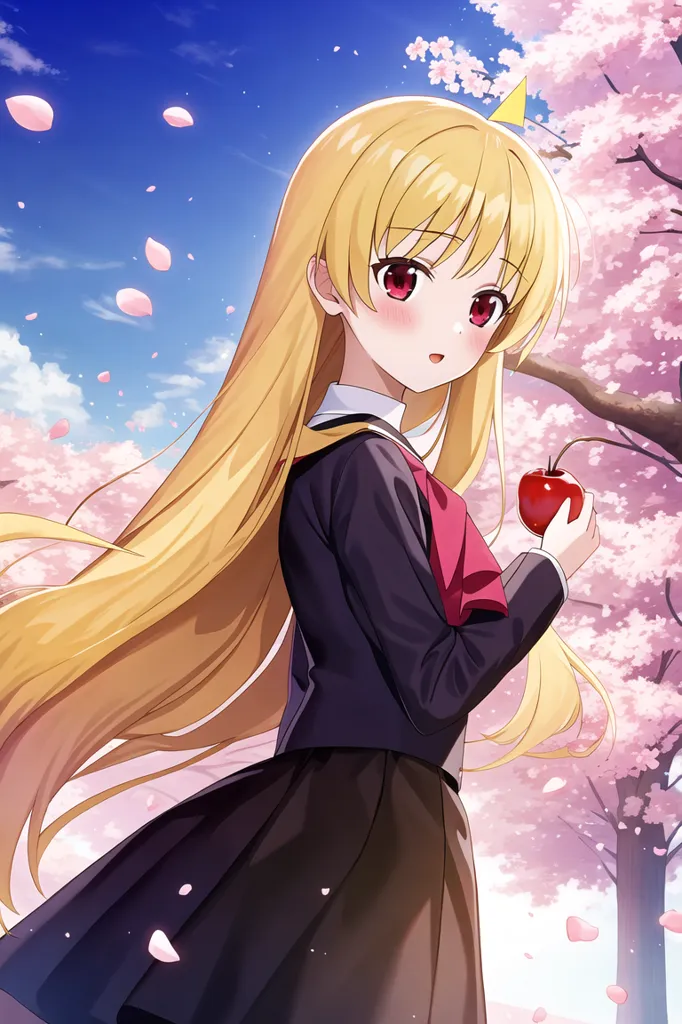 The image is of a young girl with long, flowing golden hair. She is wearing a school uniform consisting of a black blazer, a white shirt, and a red tie. The girl is standing in a field of cherry blossoms, and she is holding an apple in her hand. She has a gentle smile on her face, and she looks as if she is enjoying the beauty of the day.