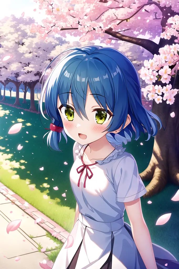 The image shows a young girl with blue hair and green eyes. She is wearing a white dress with a blue ribbon. The girl is standing in a park, surrounded by cherry blossoms. She has a happy expression on her face, and she is looking at the cherry blossoms. The image is drawn in a realistic style, and the colors are vibrant and bright.