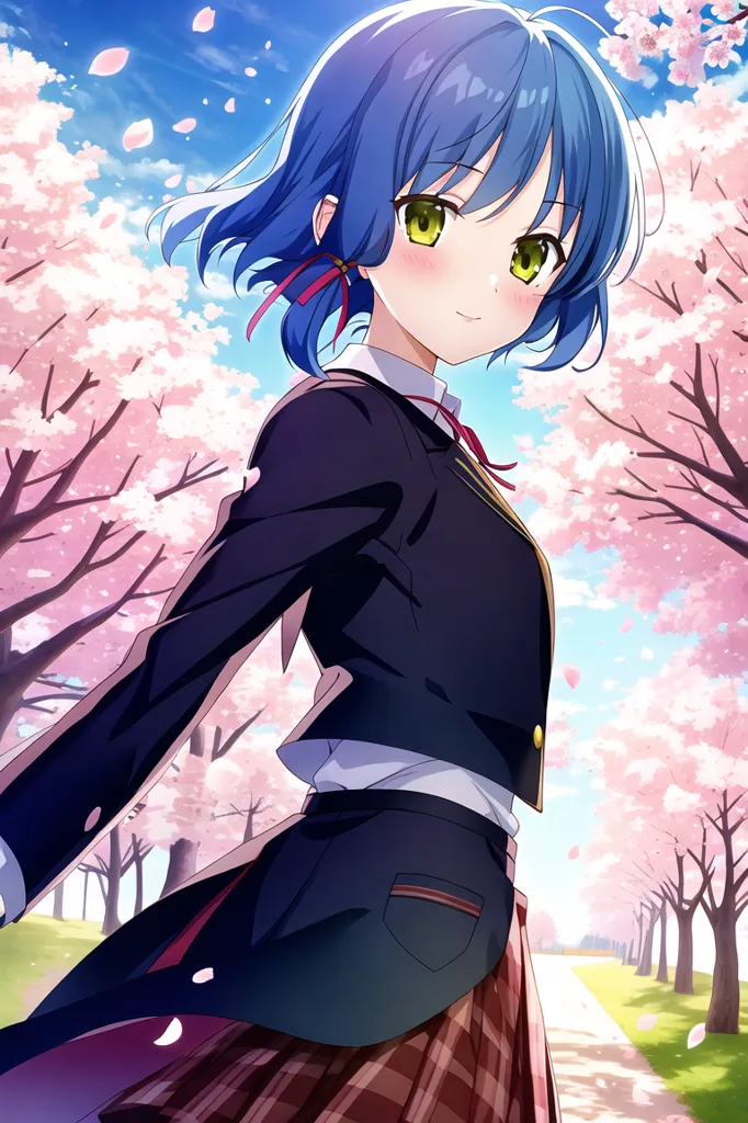 The image is a picture of a young girl with blue hair and green eyes. She is wearing a school uniform and is standing in a park with cherry blossoms falling around her. The background is a blurred park with cherry blossom trees. The girl is smiling happily.