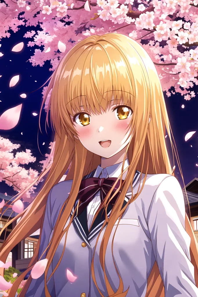 The image is a portrait of a young woman with long, flowing blonde hair. She is wearing a white shirt with a blue tie and a dark blue blazer. The background is a night sky with a large, pink cherry blossom tree in the foreground. The woman is smiling and has her eyes closed.