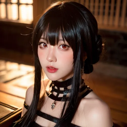 This is an image of a young woman with long black hair and red eyes. She is wearing a black dress with a high collar and a black choker with a pendant. The image is taken from a low angle, which makes her appear taller and more imposing. The background is blurry and dark, which helps to focus the viewer's attention on the woman. The woman's expression is serious and intense, and she seems to be looking directly at the viewer. The image is cropped closely around her head and shoulders, which helps to create a sense of intimacy and connection between the viewer and the woman. Overall, the image is visually striking and creates a sense of mystery and intrigue.