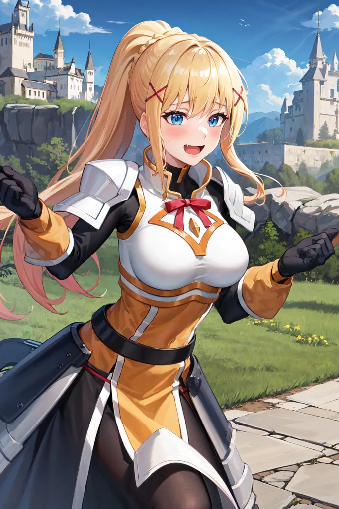 The image is a digital painting of a young woman with long blonde hair and blue eyes. She is wearing a white and orange bodysuit with a black choker and a red ribbon on her chest. She is also wearing black gloves and boots. The woman is standing in a grassy field with a castle in the background. She has a bright smile on her face and her arms are outstretched.