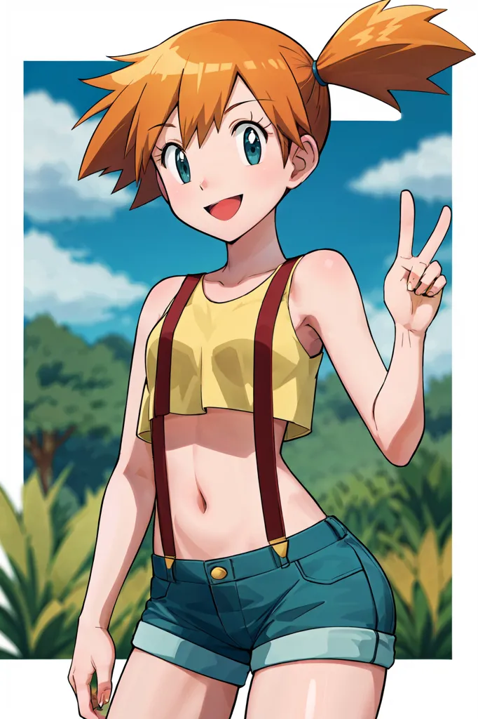 This is an image of Misty from the Pokemon anime series. She is depicted in a yellow crop top and blue short shorts with suspenders. She has her signature orange hair and blue eyes. She is smiling and holding up two fingers in a peace sign. The background is a blurred landscape of trees and the sky.